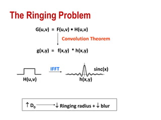 The Ringing Problem
G(u,v) = F(u,v) • H(u,v)
g(x,y) = f(x,y) * h(x,y)
Convolution Theorem
sinc(x)
h(x,y)H(u,v)
 D0  Ringing radius +  blur
IFFT
 