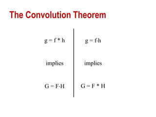 The Convolution Theorem
g = f * h g = fh
implies implies
G = FH G = F * H
 