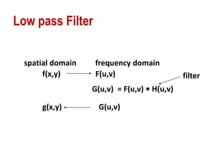 Low pass Filter
f(x,y) F(u,v)
g(x,y) G(u,v)
G(u,v) = F(u,v) • H(u,v)
spatial domain frequency domain
filter
 