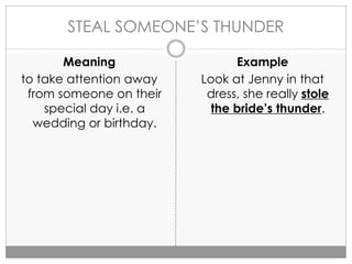 STEAL SOMEONE’S THUNDER
Meaning
to take attention away
from someone on their
special day i.e. a
wedding or birthday.
Example
Look at Jenny in that
dress, she really stole
the bride’s thunder.
 