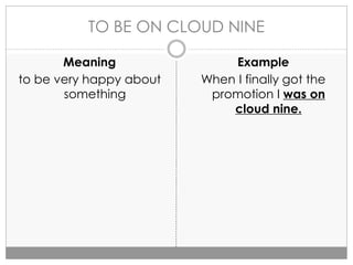 TO BE ON CLOUD NINE
Meaning
to be very happy about
something
Example
When I finally got the
promotion I was on
cloud nine.
 