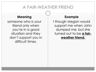 A FAIR-WEATHER FRIEND
Meaning
someone who is your
friend only when
you’re in a good
situation and they
don’t support you in
difficult times.
Example
I though Megan would
support me when John
dumped me, but she
turned out to be a fair-
weather friend.
 