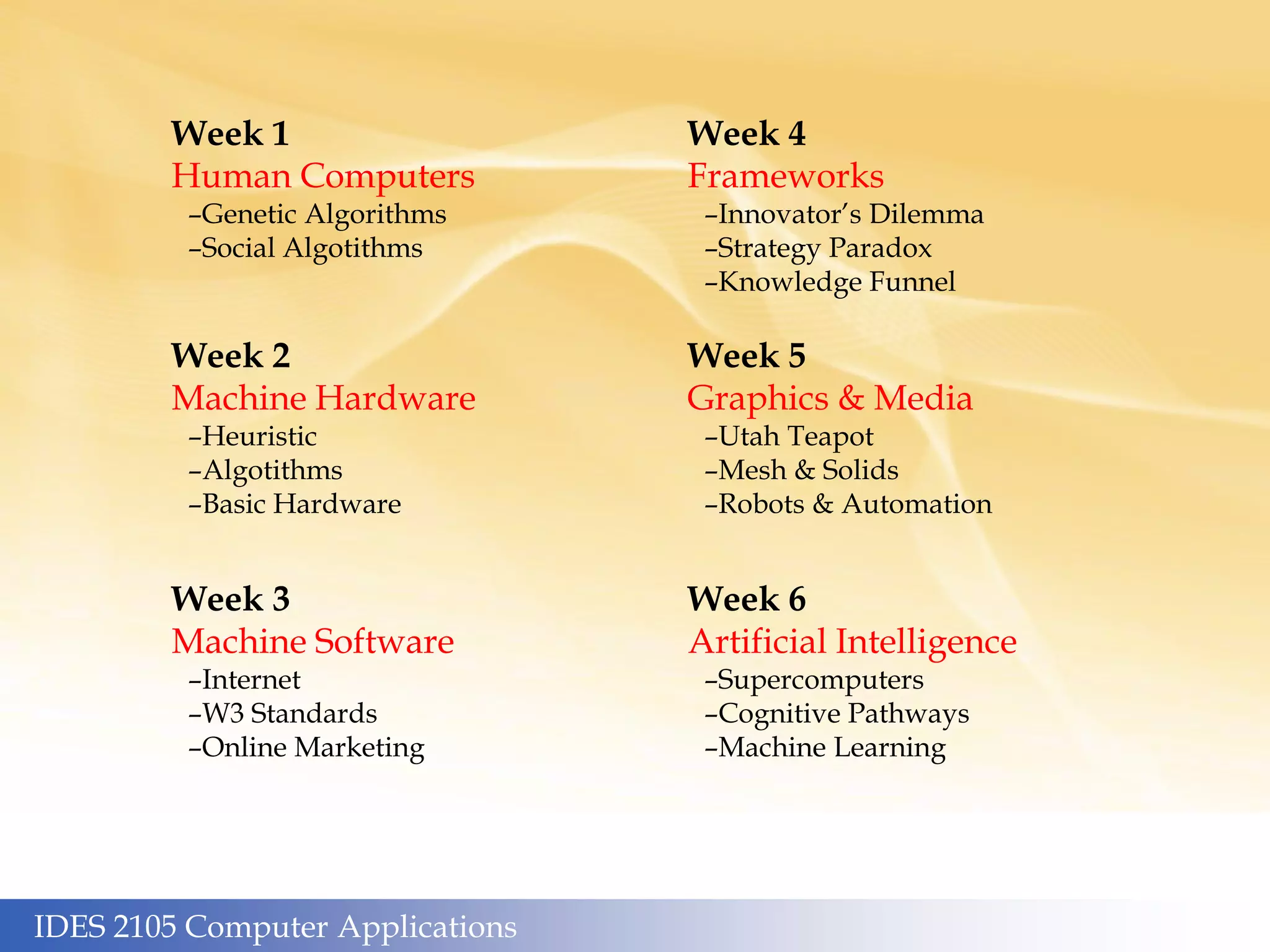 IDES 2105 Computer Applications
Week 2
Machine Hardware
–Heuristic
–Algotithms
–Basic Hardware
Week 1
Human Computers
–Genetic Algorithms
–Social Algotithms
Week 3
Machine Software
–Internet
–W3 Standards
–Online Marketing
Week 5
Graphics & Media
–Utah Teapot
–Mesh & Solids
–Robots & Automation
Week 4
Frameworks
–Innovator’s Dilemma
–Strategy Paradox
–Knowledge Funnel
Week 6
Artificial Intelligence
–Supercomputers
–Cognitive Pathways
–Machine Learning
 