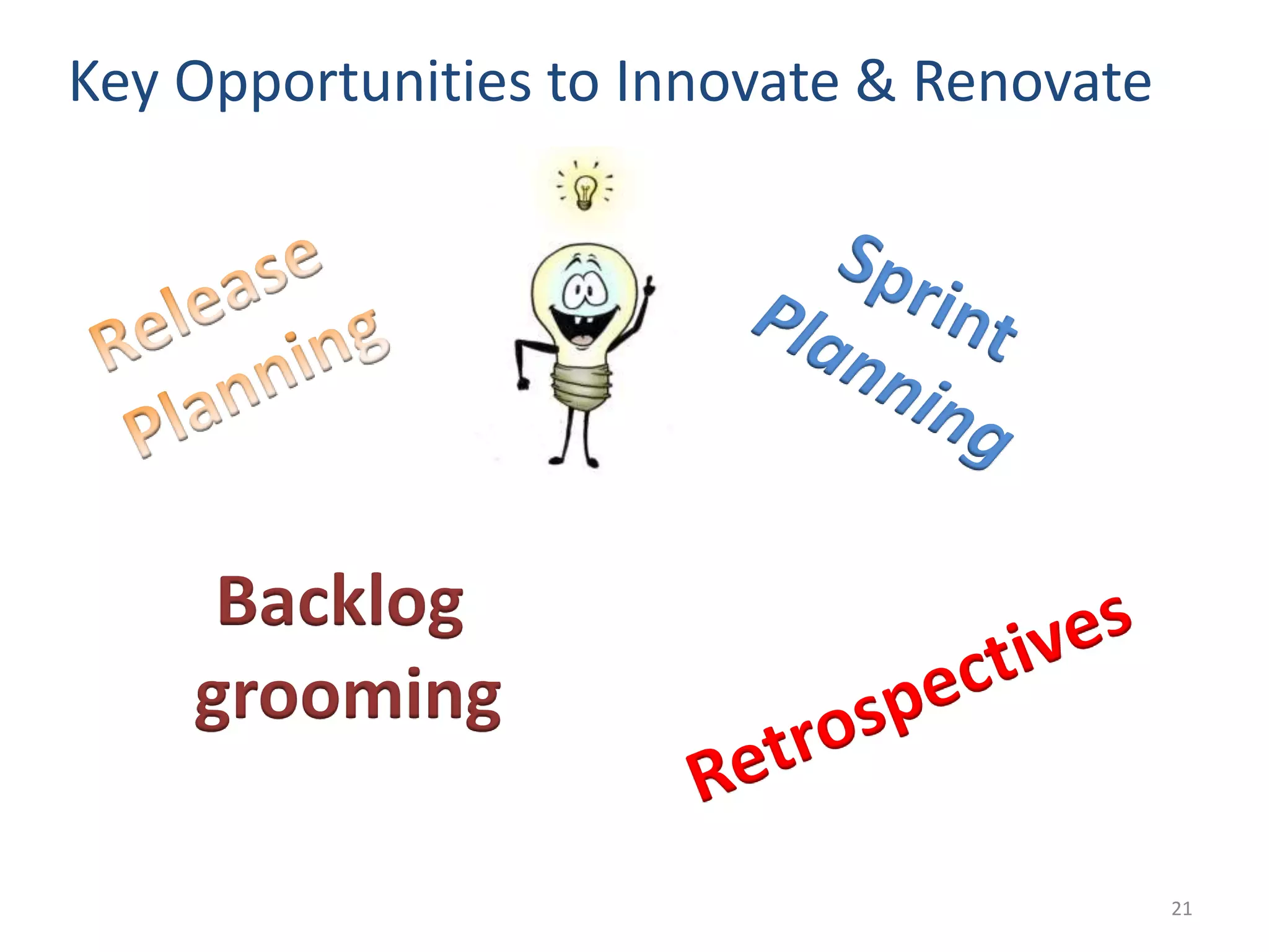 Key Opportunities to Innovate & Renovate 21 Backlog grooming 