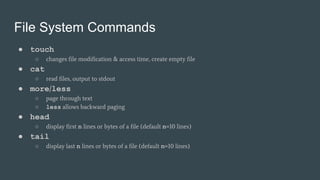 File System Commands
● touch
○ changes file modification & access time, create empty file
● cat
○ read files, output to stdout
● more/less
○ page through text
○ less allows backward paging
● head
○ display first n lines or bytes of a file (default n=10 lines)
● tail
○ display last n lines or bytes of a file (default n=10 lines)
 