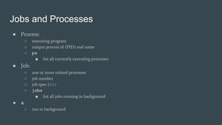 Jobs and Processes
● Process:
○ executing program
○ unique process id (PID) and name
○ ps
■ list all currently executing processes
● Job:
○ one or more related processes
○ job number
○ job spec (%n)
○ jobs
■ list all jobs running in background
● &
○ run in background
 
