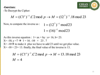 -Exercises:
-To Decrypt the Cipher:
Now, to compute the inverse as :
As this inverse equation : 1= ax + by : a= 16, b= 23.
X= -10, y =7  1 = 16. -10 + 23 . 7
X= -10 to make it plus we have to add 23 until we get plus value.
X= -10 + 23= 13. finally, the final value of the inverse is 13.
15
23mod18.)12(mod2.)1( 171 
 MpCCM a
23mod)16(1
23mod)12(1
1
17




4
23mod18.13mod2.)1( 1

 
M
MpCCM a
 