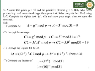 5- Assume that prime p = 31 and the primitive element g = 3. Bob, who has a
private key a=2 wants to decrypt the cipher text. Suha encrypts the M=5 using
k=7, Compute the cipher text (c1, c2) and show your steps, also, compute the
message.
Sol:
-To Compute A:
-To Encrypt the message:
-To Decrypt the Cipher C1 & C2:
-To Compute the inverse of
17
931mod3mod 2
 ApgA a
1931mod9.52mod.2
1731mod31mod1
7
7


CpAMC
CpgC
k
k
31mod19.)17(mod2.)1( 121 
 MpCCM a
31mod)10(1
31mod)17(1
1
12




 
