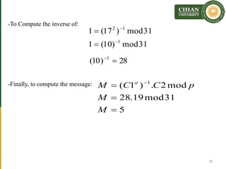 -To Compute the inverse of:
-Finally, to compute the message:
18
31mod)10(1
31mod)17(1
1
12




28)10( 1

5
31mod19.28
mod2.)1( 1


 
M
M
pCCM a
 