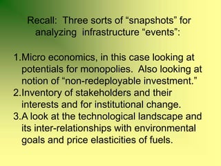  Recall:  Three sorts of “snapshots” for analyzing  infrastructure “events”:  Micro economics, in this case looking at potentials for monopolies.  Also looking at notion of “non-redeployable investment.”Inventory of stakeholders and their interests and for institutional change.A look at the technological landscape and its inter-relationships with environmental goals and price elasticities of fuels.
