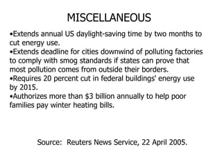 FUEL/TRANSPORTATIONLimits product liability for makers of methyl tertiary butyl ether (MTBE), a fuel additive and suspected carcinogen that has fouled groundwater in cities across the nation.