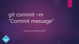 git commit –m
“Commit message”
Changes are committed to HEAD
 
