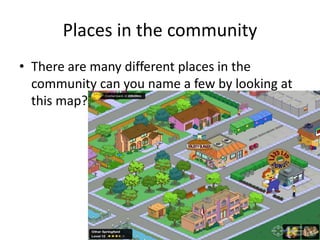 Places in the community 
• There are many different places in the 
community can you name a few by looking at 
this map? 
 