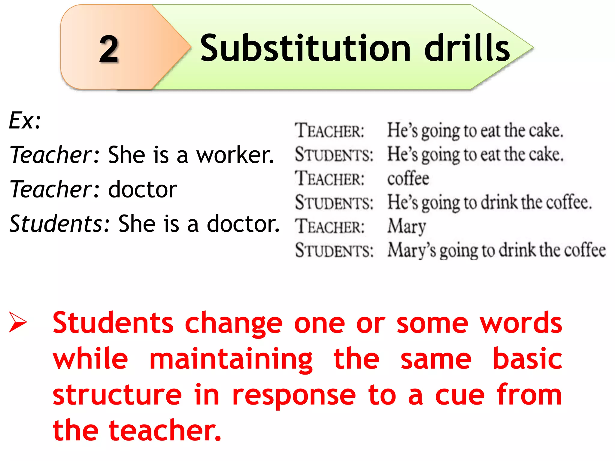 Substitution drills
Ex:
Teacher: She is a worker.
Teacher: doctor
Students: She is a doctor.
 Students change one or some words
while maintaining the same basic
structure in response to a cue from
the teacher.
2
 