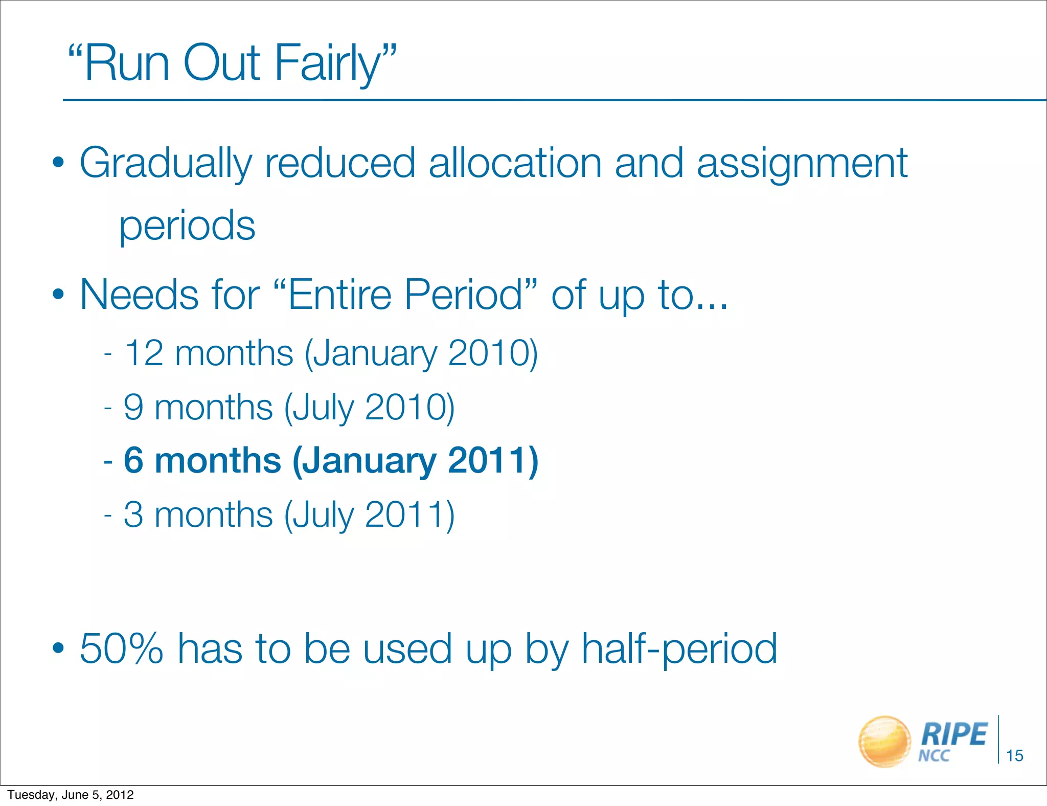 “Run Out Fairly”
       •   Gradually reduced allocation and assignment
             periods
       •   Needs for “Entire Period” of up to...
               - 12 months (January 2010)
               - 9 months (July 2010)

               - 6 months (January 2011)

               - 3 months (July 2011)




       •   50% has to be used up by half-period

                                                         15

Tuesday, June 5, 2012
 