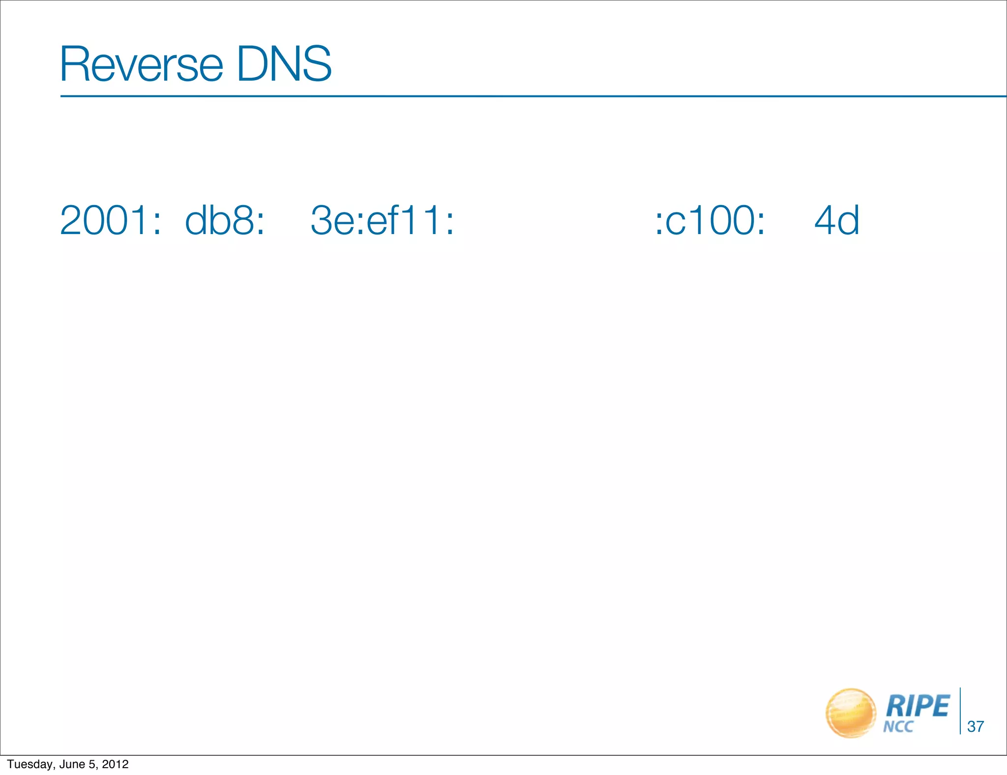 Reverse DNS


         2001: db8:     3e:ef11:   :c100:   4d




                                                 37

Tuesday, June 5, 2012
 