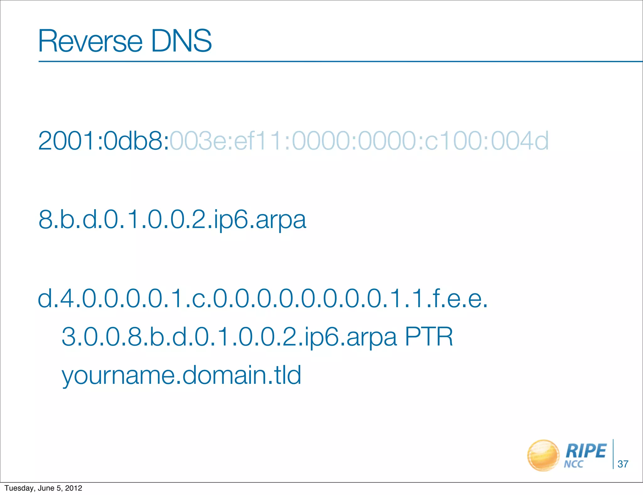Reverse DNS


         2001:0db8:003e:ef11:0000:0000 :c100: 004d

         8.b.d.0.1.0.0.2.ip6.arpa

        d.4.0.0.0.0.1.c.0.0.0.0.0.0.0.0.1.1.f.e.e.
          3.0.0.8.b.d.0.1.0.0.2.ip6.arpa PTR
          yourname.domain.tld


                                                     37

Tuesday, June 5, 2012
 