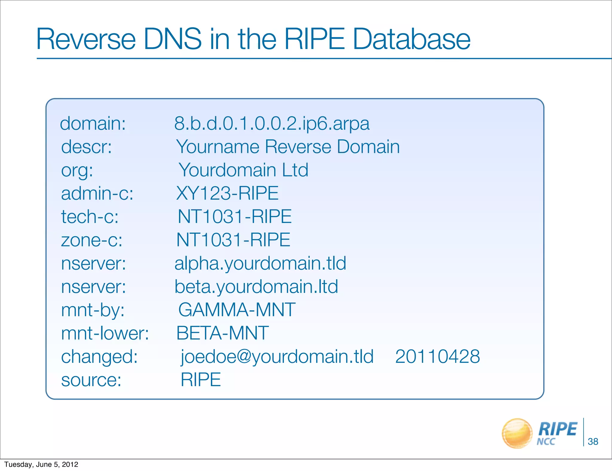 Reverse DNS in the RIPE Database

               domain:      8.b.d.0.1.0.0.2.ip6.arpa
               descr:       Yourname Reverse Domain
               org:         Yourdomain Ltd
               admin-c:     XY123-RIPE
               tech-c:      NT1031-RIPE
               zone-c:      NT1031-RIPE
               nserver:     alpha.yourdomain.tld
               nserver:     beta.yourdomain.ltd
               mnt-by:      GAMMA-MNT
               mnt-lower:   BETA-MNT
               changed:      joedoe@yourdomain.tld 20110428
               source:       RIPE


                                                              38

Tuesday, June 5, 2012
 