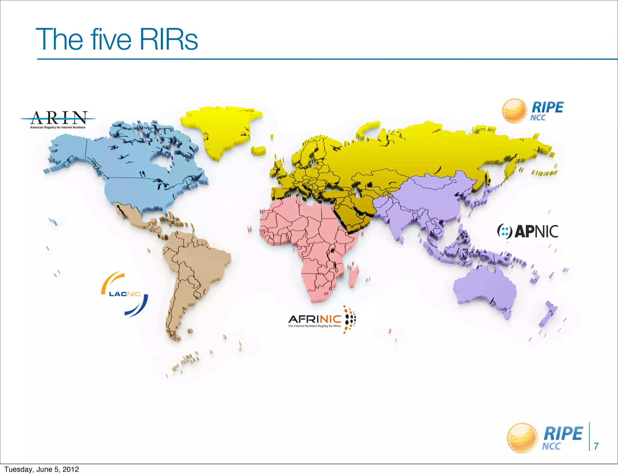 The five RIRs




                        7

Tuesday, June 5, 2012
 