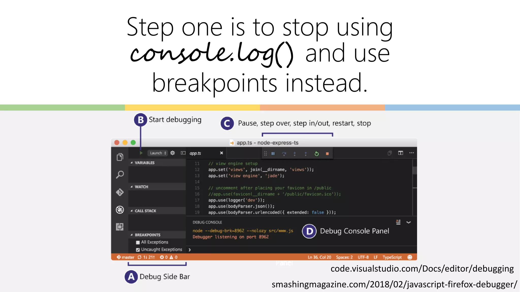 Step one is to stop using
console.log() and use
breakpoints instead.
code.visualstudio.com/Docs/editor/debugging
smashingmagazine.com/2018/02/javascript-firefox-debugger/
 