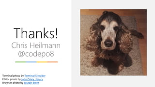 Thanks!
Chris Heilmann
@codepo8
Terminal photo by Terminal 5 Insider
Editor photo by John Oxley Library
Browser photo by Joseph Brent
 