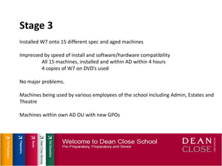 Stage 3Installed W7 onto 15 different spec and aged machinesImpressed by speed of install and software/hardware compatibilityAll 15 machines, installed and within AD within 4 hours4 copies of W7 on DVD’s usedNo major problems.Machines being used by various employees of the school including Admin, Estates and TheatreMachines within own AD OU with new GPOs