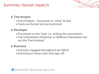 27 
Summary: Human Aspects 
 Test Analyst 
 Test Analyst – focussed on ‘what’ to test 
 Tests are formal but not techni...