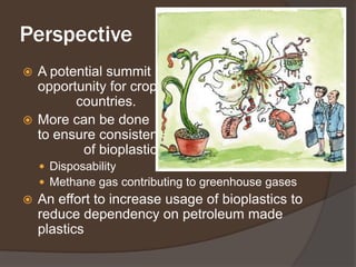 PerspectiveA potential summit 		           opportunity for crop producing 			     countries.More can be done 			                to ensure consistency 				       of bioplasticsDisposabilityMethane gas contributing to greenhouse gasesAn effort to increase usage of bioplastics to reduce dependency on petroleum made plastics