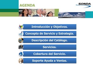 AGENDA
Introducción y Objetivos.
Concepto de Servicio y Estrategia.
Descripción del Catálogo.
Servicios.
Cobertura del Servicio.
Soporte Ayuda a Ventas.
 