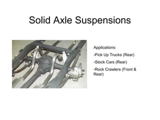 Solid Axle Suspensions
Applications:
-Pick Up Trucks (Rear)
-Stock Cars (Rear)
-Rock Crawlers (Front &
Rear)
 