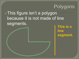 This figure isn’t a polygon 
because it is not made of line 
segments. 
This is a 
line 
segment. 
 