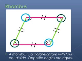  A rhombus is a parallelogram with four 
equal side. Opposite angles are equal. 
 