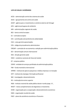 97
LISTA DE SIGLAS E ACRÓNIMOS
ACSS – administração central dos sistemas de saúde
ACES – agrupamentos de centros de saúde
AICEP - agência para o investimento e comércio externo de Portugal
APA – agência portuguesa do ambiente
ARS – administrações regionais de saúde
BCE – banco central europeu
CE – comissão europeia
CES – contribuição extraordinária de solidariedade
CGA – caixa geral de aposentações
CPA - código de procedimento administrativo
CRESAP – comissão de recrutamento e seleção para administração pública
DCI – denominação comum internacional
DGS - direção geral de saúde
ENVC – estaleiros nacionais de Viana do Castelo
EP – empresa pública
ESPAP - entidade de serviços partilhados da administração pública
FMI – fundo monetário internacional
IAPMEI - instituto de apoio às pequenas e médias empresas e à inovação
IEFP - instituto do emprego e formação profissional
I&D - investigação e desenvolvimento
IES – instituição de ensino superior
INSA - instituto nacional de saúde pública doutor ricardo jorge, I.P.,
MCDT – meios complementares de diagnóstico e tratamento
OCDE - organização para a cooperação e desenvolvimento económico
OMS – organização mundial da saúde
PAEF – plano de assistência económica e financeira
 