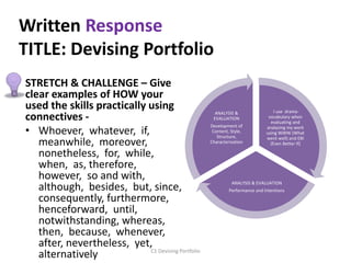 Written Response
TITLE: Devising Portfolio
STRETCH & CHALLENGE – Give
clear examples of HOW your
used the skills practically using
connectives -
• Whoever, whatever, if,
meanwhile, moreover,
nonetheless, for, while,
when, as, therefore,
however, so and with,
although, besides, but, since,
consequently, furthermore,
henceforward, until,
notwithstanding, whereas,
then, because, whenever,
after, nevertheless, yet,
alternatively
I use drama
vocabulary when
evaluating and
analysing my work
using WWW (What
went well) and EBI
(Even Better If)
ANALYSIS & EVALUATION
Performance and Intentions
ANALYSIS &
EVALUATION
Development of
Content, Style,
Structure,
Characterisation
C1 Devising Portfolio
 