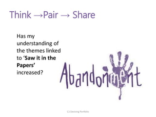 Think →Pair → Share
Has my
understanding of
the themes linked
to ‘Saw it in the
Papers’
increased?
C1 Devising Portfolio
 