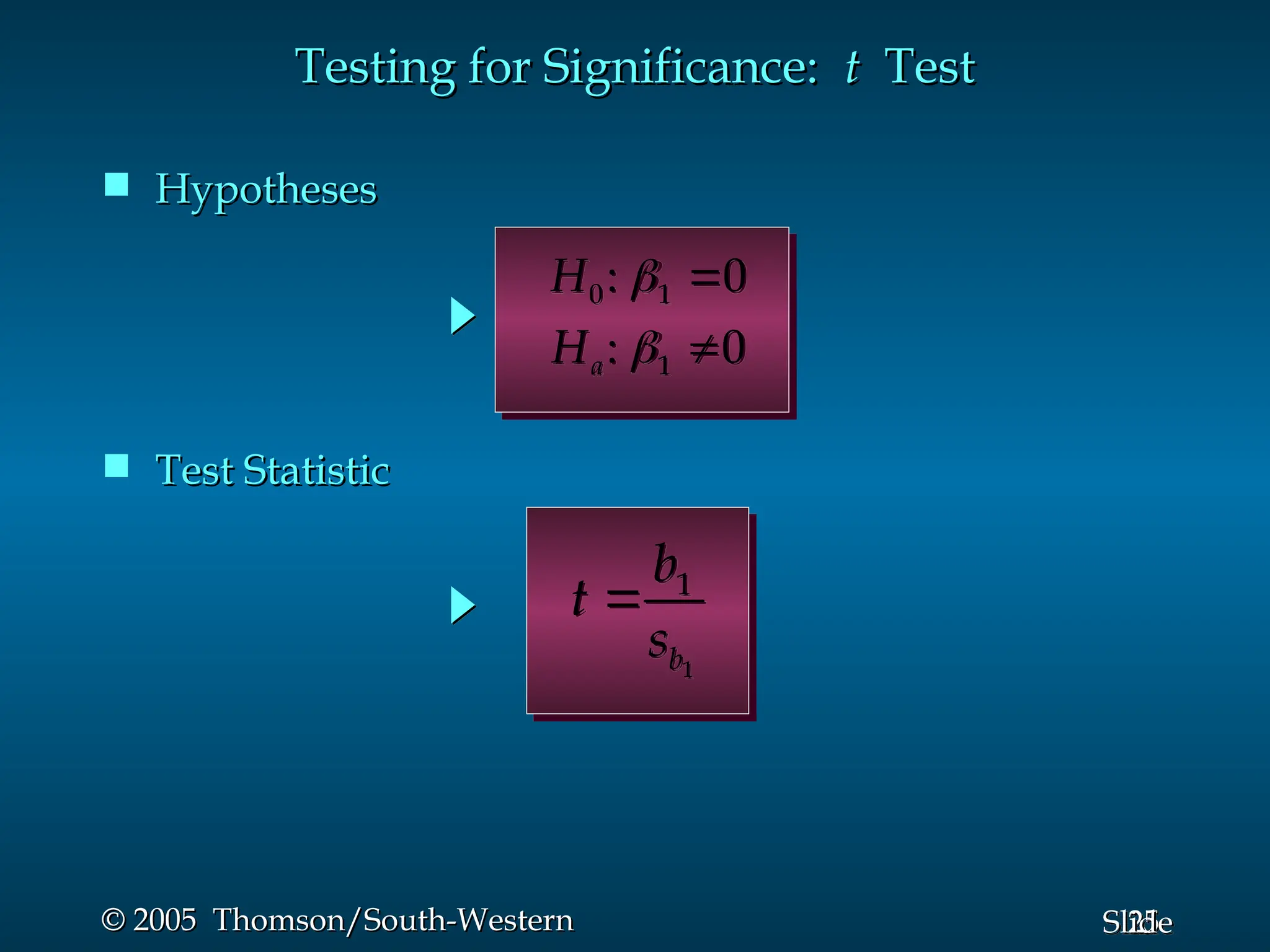 25
Slide
© 2005 Thomson/South-Western
© 2005 Thomson/South-Western
 Hypotheses
Hypotheses
 Test Statistic
Test Statistic
Testing for Significance:
Testing for Significance: t
t Test
Test
0 1
: 0
H  
1
: 0
a
H  
1
1
b
b
t
s

 