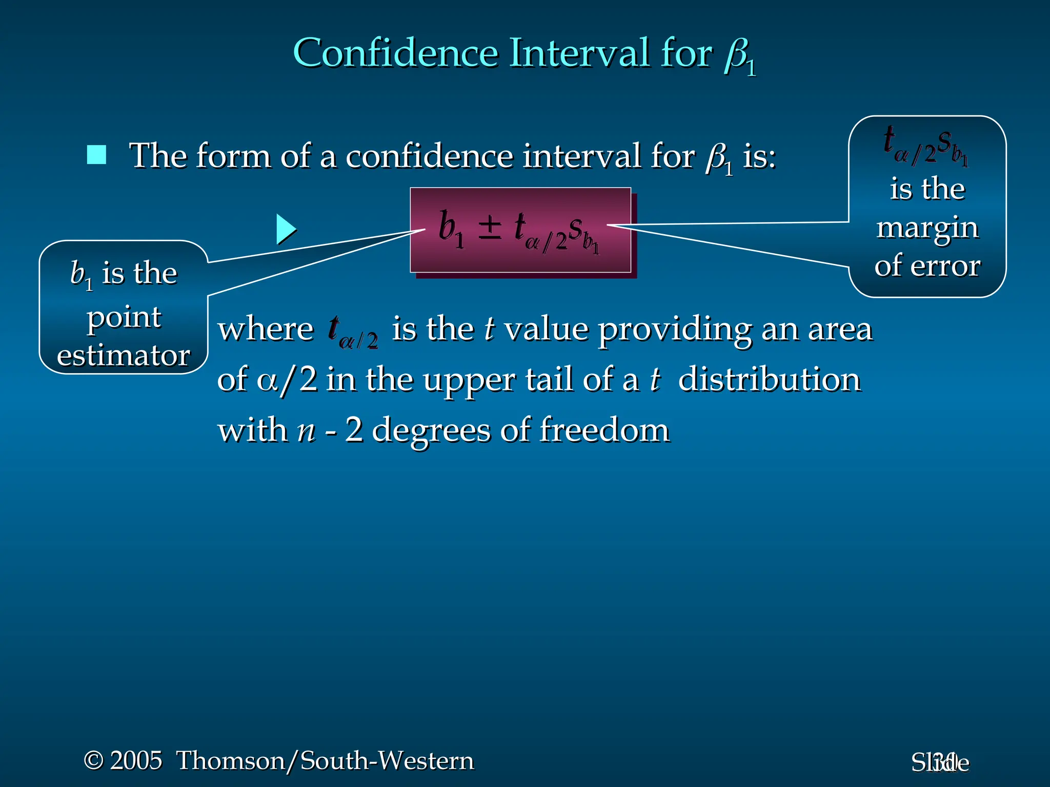 30
Slide
© 2005 Thomson/South-Western
© 2005 Thomson/South-Western
 The form of a confidence interval for
The form of a confidence interval for 
1
1 is:
is:
Confidence Interval for
Confidence Interval for 
1
1
1
1 /2 b
b t s


where
where is the
is the t
t value providing an area
value providing an area
of
of 
/2 in the upper tail of a
/2 in the upper tail of a t
t distribution
distribution
with
with n
n - 2 degrees of freedom
- 2 degrees of freedom
2
/

t
b
b1
1 is the
is the
point
point
estimator
estimator
is the
is the
margin
margin
of error
of error
1
/2 b
t s

 