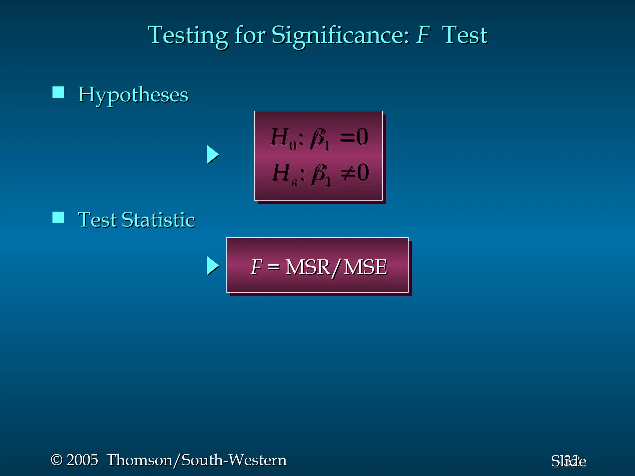 32
Slide
© 2005 Thomson/South-Western
© 2005 Thomson/South-Western
 Hypotheses
Hypotheses
 Test Statistic
Test Statistic
Testing for Significance:
Testing for Significance: F
F Test
Test
F
F = MSR/MSE
= MSR/MSE
0 1
: 0
H  
1
: 0
a
H  
 