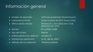 Información general
 Modelo de desarrollo: Software propietario/ Shared Source
 Lanzamiento inicial: 26 de octubre de 2012; hace 2 años
 Última versión estable: Windows 8.1 (Actualización) 15 de
. diciembre de 2014
 Núcleo: NT 6.2.9200.16384
 Tipo de núcleo: Híbrido
 Interfaz gráfica por defecto: Modern UI
 Plataformas soportadas: IA-32, x86-64, ARM1
 Método de actualización: Windows Update
 