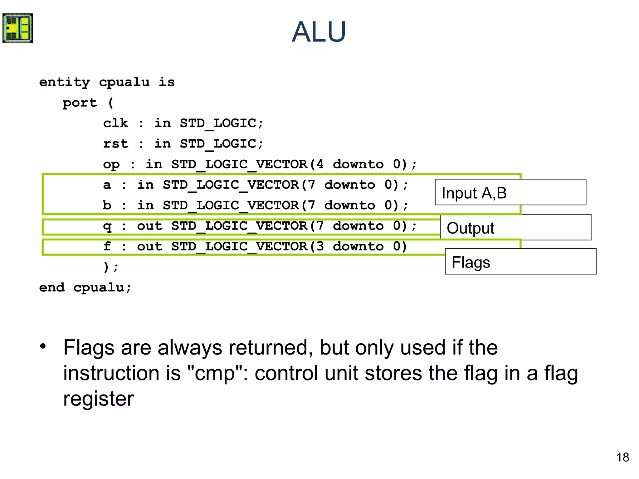 18
ALU
entity cpualu is
port (
clk : in STD_LOGIC;
rst : in STD_LOGIC;
op : in STD_LOGIC_VECTOR(4 downto 0);
a : in STD_LOGIC_VECTOR(7 downto 0);
b : in STD_LOGIC_VECTOR(7 downto 0);
q : out STD_LOGIC_VECTOR(7 downto 0);
f : out STD_LOGIC_VECTOR(3 downto 0)
);
end cpualu;
Output
Flags
• Flags are always returned, but only used if the
instruction is "cmp": control unit stores the flag in a flag
register
Input A,B
 