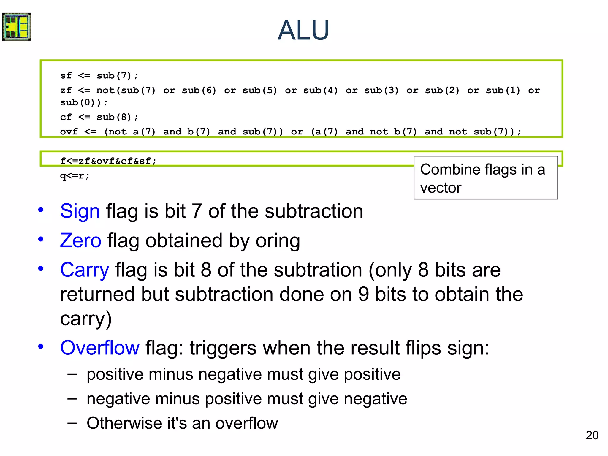 20
ALU
sf <= sub(7);
zf <= not(sub(7) or sub(6) or sub(5) or sub(4) or sub(3) or sub(2) or sub(1) or
sub(0));
cf <= sub(8);
ovf <= (not a(7) and b(7) and sub(7)) or (a(7) and not b(7) and not sub(7));
f<=zf&ovf&cf&sf;
q<=r;
• Sign flag is bit 7 of the subtraction
• Zero flag obtained by oring
• Carry flag is bit 8 of the subtration (only 8 bits are
returned but subtraction done on 9 bits to obtain the
carry)
• Overflow flag: triggers when the result flips sign:
– positive minus negative must give positive
– negative minus positive must give negative
– Otherwise it's an overflow
Combine flags in a
vector
 