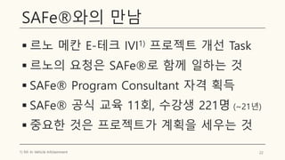 SAFe®와의 만남
▪ 르노 메칸 E-테크 IVI1) 프로젝트 개선 Task
▪ 르노의 요청은 SAFe®로 함께 일하는 것
▪ SAFe® Program Consultant 자격 획득
▪ SAFe® 공식 교육 11회, 수강생 221명 (~21년)
▪ 중요한 것은 프로젝트가 계획을 세우는 것
22
1) IVI: In Vehicle Infotainment
 