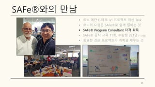 SAFe®와의 만남
▪ 르노 메칸 E-테크 IVI 프로젝트 개선 Task
▪ 르노의 요청은 SAFe®로 함께 일하는 것
▪ SAFe® Program Consultant 자격 획득
▪ SAFe® 공식 교육 11회, 수강생 221명 (~21년)
▪ 중요한 것은 프로젝트가 계획을 세우는 것
25
 
