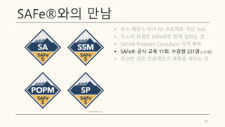 SAFe®와의 만남
▪ 르노 메칸 E-테크 IVI 프로젝트 개선 Task
▪ 르노의 요청은 SAFe®로 함께 일하는 것
▪ SAFe® Program Consultant 자격 획득
▪ SAFe® 공식 교육 11회, 수강생 221명 (~21년)
▪ 중요한 것은 프로젝트가 계획을 세우는 것
27
© Scaled Agile, Inc.
 