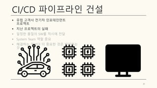 CI/CD 파이프라인 건설
▪ 유럽 고객사 전기차 인포테인먼트
프로젝트
▪ 지난 프로젝트의 실패
▪ 일정한 품질의 SW를 적시에 전달
▪ System Team 역할 중요
▪ 해결하는 것보다 더 중요한 것은 방지하는
것
31
 
