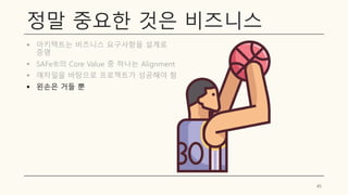 정말 중요한 것은 비즈니스
▪ 아키텍트는 비즈니스 요구사항을 설계로
증명
▪ SAFe®의 Core Value 중 하나는 Alignment
▪ 애자일을 바탕으로 프로젝트가 성공해야 함
▪ 왼손은 거들 뿐
45
 