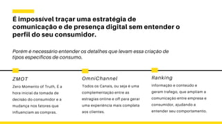 É impossível traçar uma estratégia de
comunicação e de presença digital sem entender o
perfil do seu consumidor.
Porém é necessário entender os detalhes que levam essa criação de
tipos específicos de consumo.
ZMOT
Zero Momento of Truth, É a
hora inicial da tomada de
decisão do consumidor e a
mudança nos fatores que
influenciam as compras.
OmniChannel
Todos os Canais, ou seja é uma
complementação entre as
estragias online e off para gerar
uma experiência mais completa
aos clientes.
Ranking
informação e conteúdo e
geram trafego, que ampliam a
comunicação entre empresa e
consumidor, ajudando a
entender seu comportamento.
 