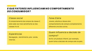 E QUE FATORES INFLUENCIAM NO COMPORTAMENTO
DO CONSUMIDOR?
Classe social
O comportamento de compra da classe C
está cada vez mais semelhante ao das
classes A e B.
Quem influencia a decisão de
compra?
Se for um produto infantil, por exemplo,
quem toma a decisão de compra são os pais.
Faixa Etária
Jovens, adultos e idosos têm
comportamento de compra completamente
diferente uns dos outros.
Experências
Navegação, atendimento, pós- venda,
internet,
 