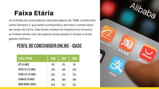 Faixa Etária
Os milhões de compradores nascidos depois de 1996, conhecidos
como Geração Z, que estão começando a derrubar o amplo setor
de varejo da China. Eles foram criados em dispositivos móveis e
as mídias sociais não são apenas onde passam o tempo, é onde
gastam dinheiro.
 