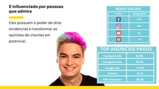 É influenciado por pessoas
que admira
Eles possuem o poder de ditar
tendências e transformar as
opiniões de clientes em
potencial.
 